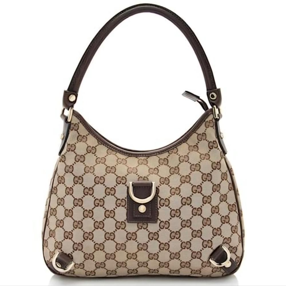 Gucci GG Monogram Canvas Abbey Hobo Bag with Brown Leather Trim
